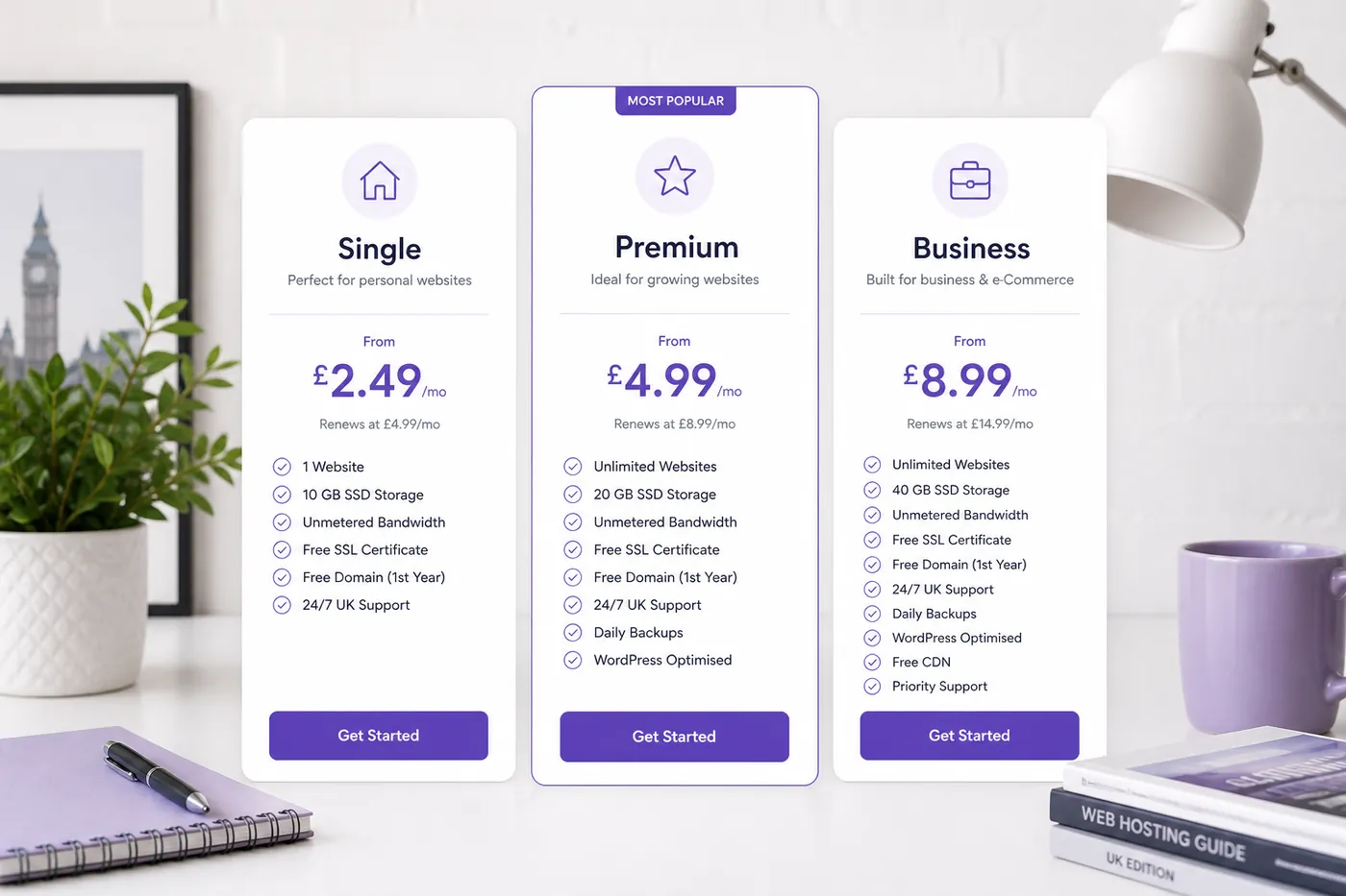 Hostinger UK GBP WordPress hosting plan comparison visual